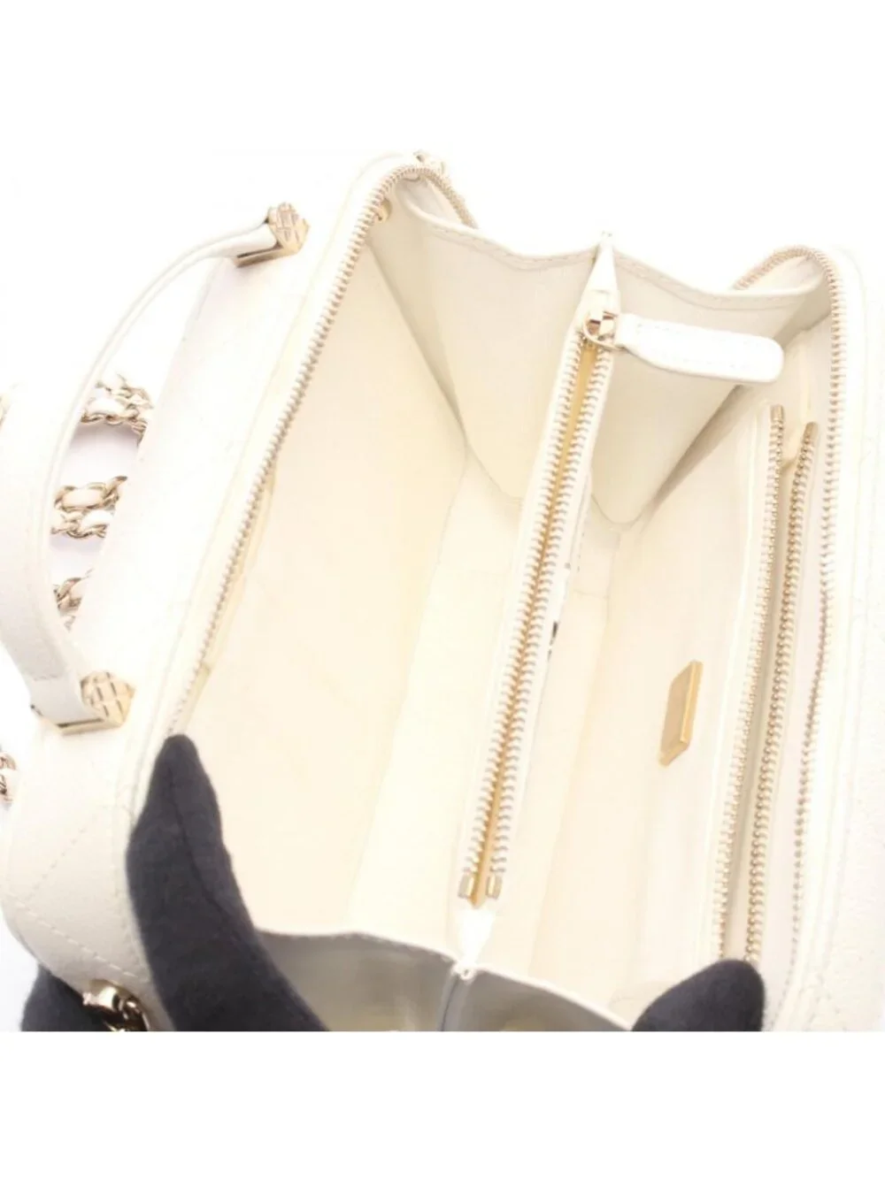 Chanel Shoulder Bag Quilted Vanity Top Handle 2-Way White Caviar Leather Chain